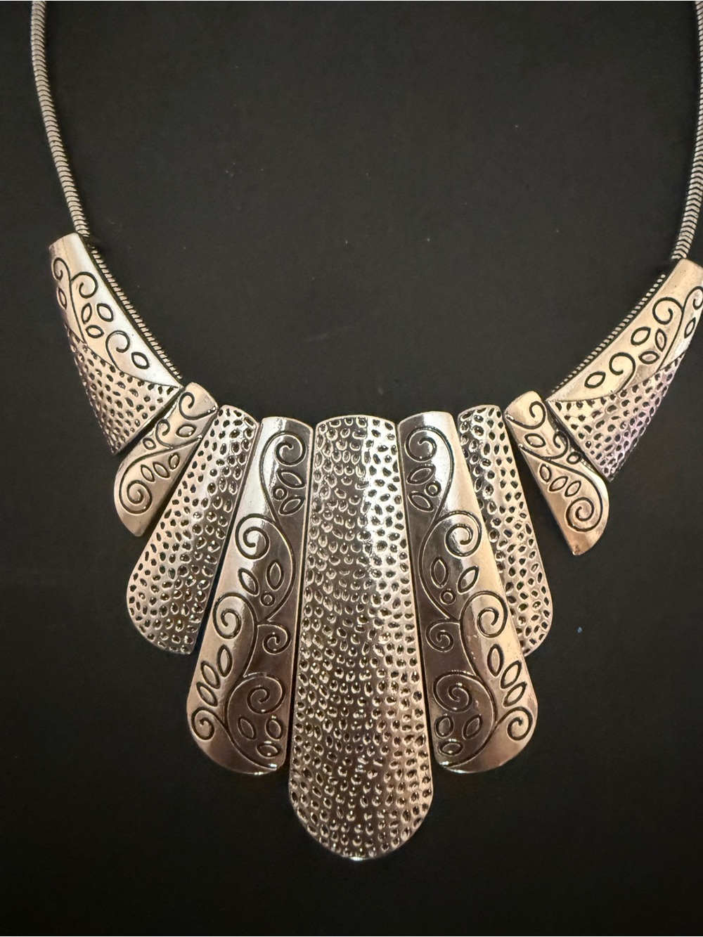 Silver-Tone Statement Collar Necklace with Textured Panels
